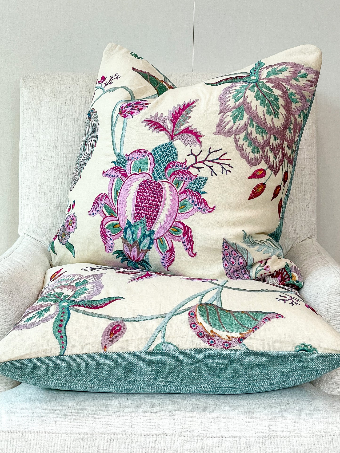 Embroidered floral pillow cover